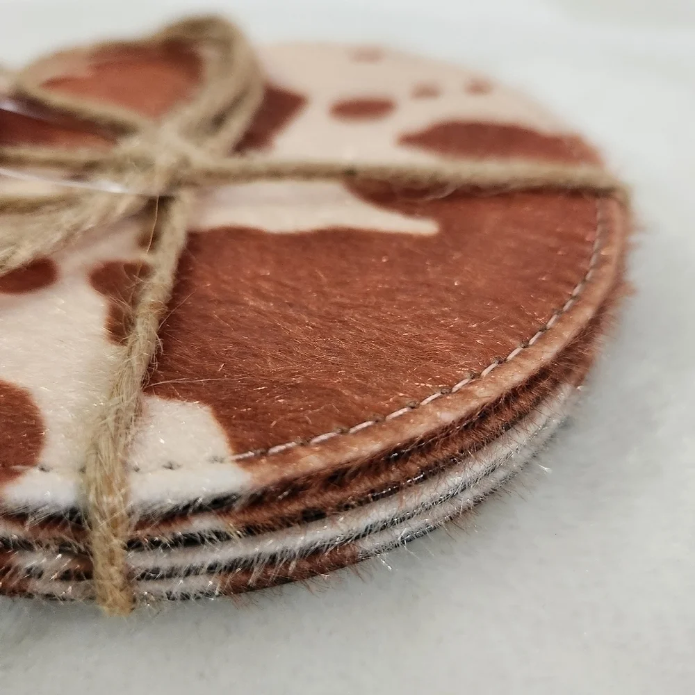 Cowhide Coasters Tan Cream Plush 4.5